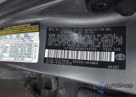 2006 Toyota Avalon Xl z USA, uszkodzony, nr VIN 4T1BK36B36U149769